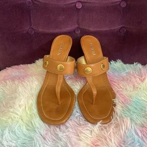 Prada Tan Leather Kitten Heel Sandals